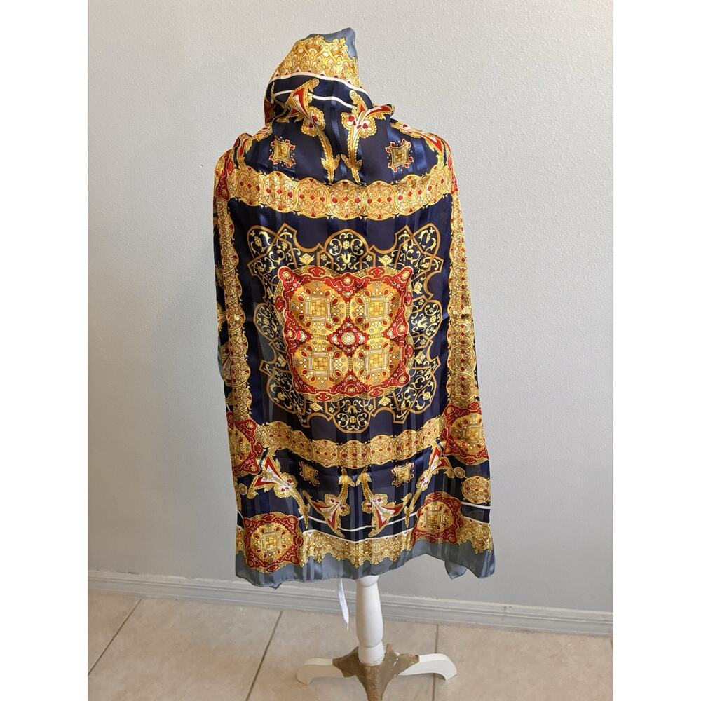 VTG Lucky 100% Silk Scarf Large Baroque Medallion Blue Gold Satin Stripe Border - Picture 15 of 16